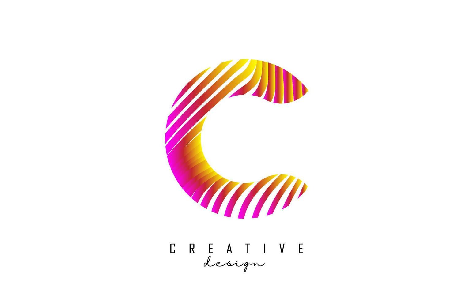 Letter C logo with vibrant colourful twisted lines. Creative vector illustration with zebra, finger print pattern lines.