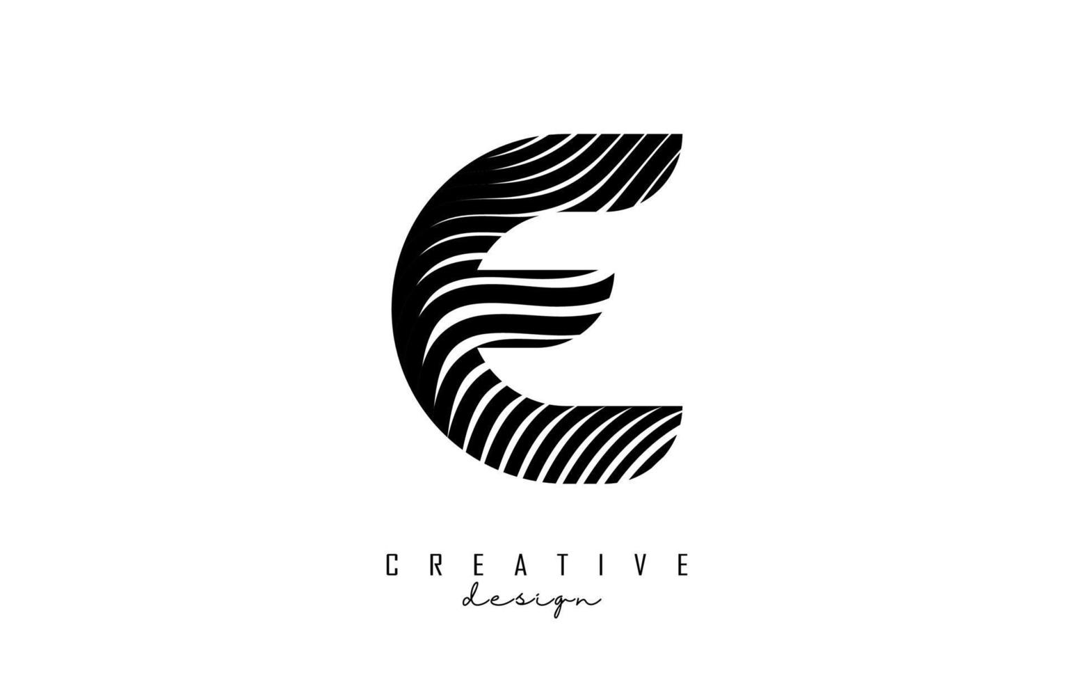 Letter E logo with black twisted lines. Creative vector illustration with zebra, finger print pattern lines.