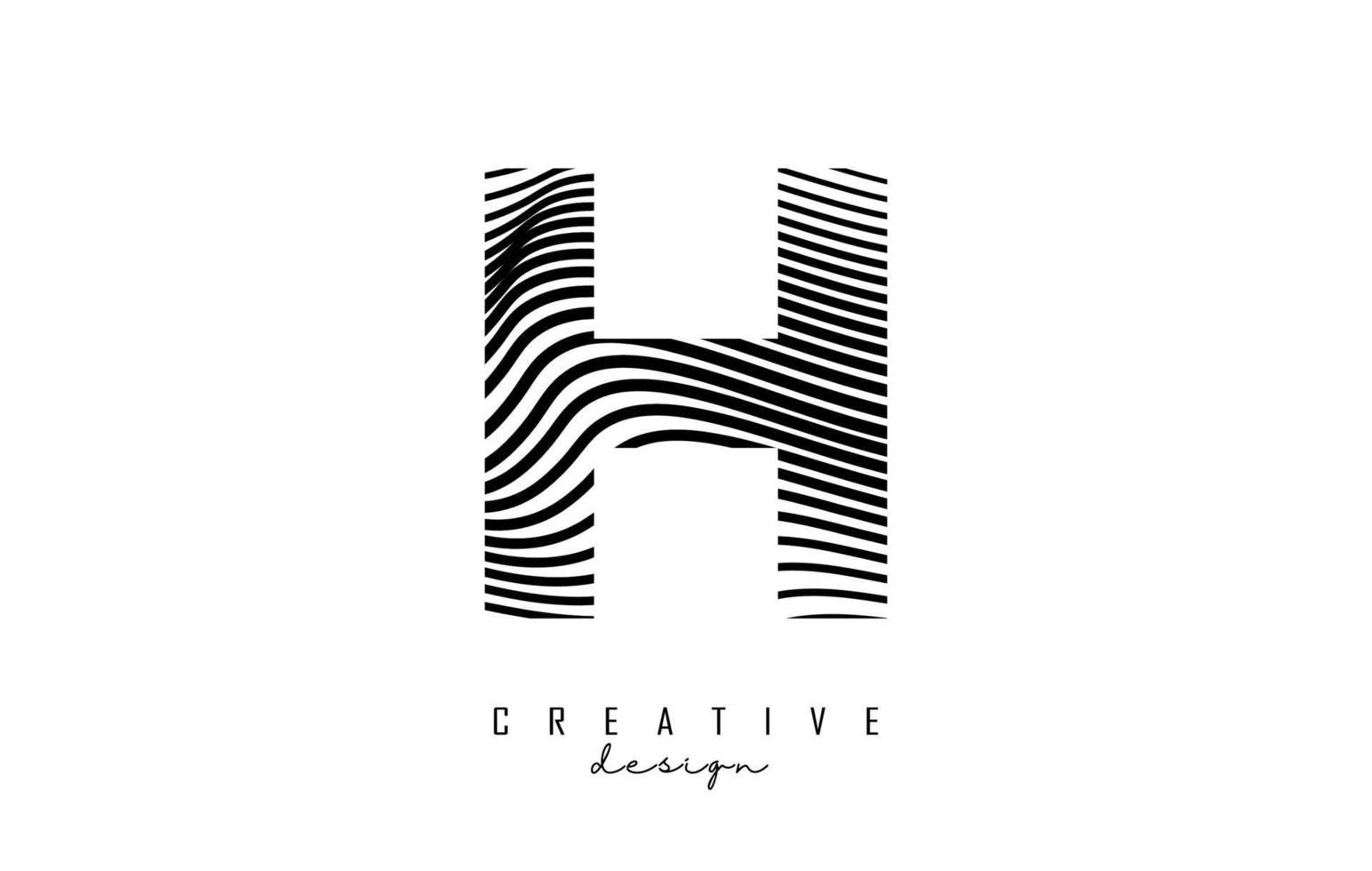 Letter H logo with black twisted lines. Creative vector illustration with zebra, finger print pattern lines.