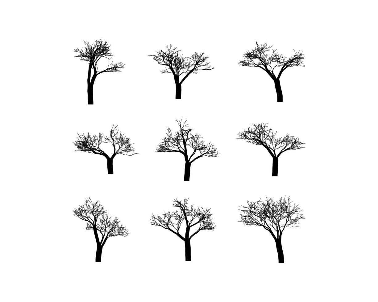 conjunto de siluetas de árbol de rama negra o árboles desnudos. ilustraciones aisladas dibujadas a mano. vector