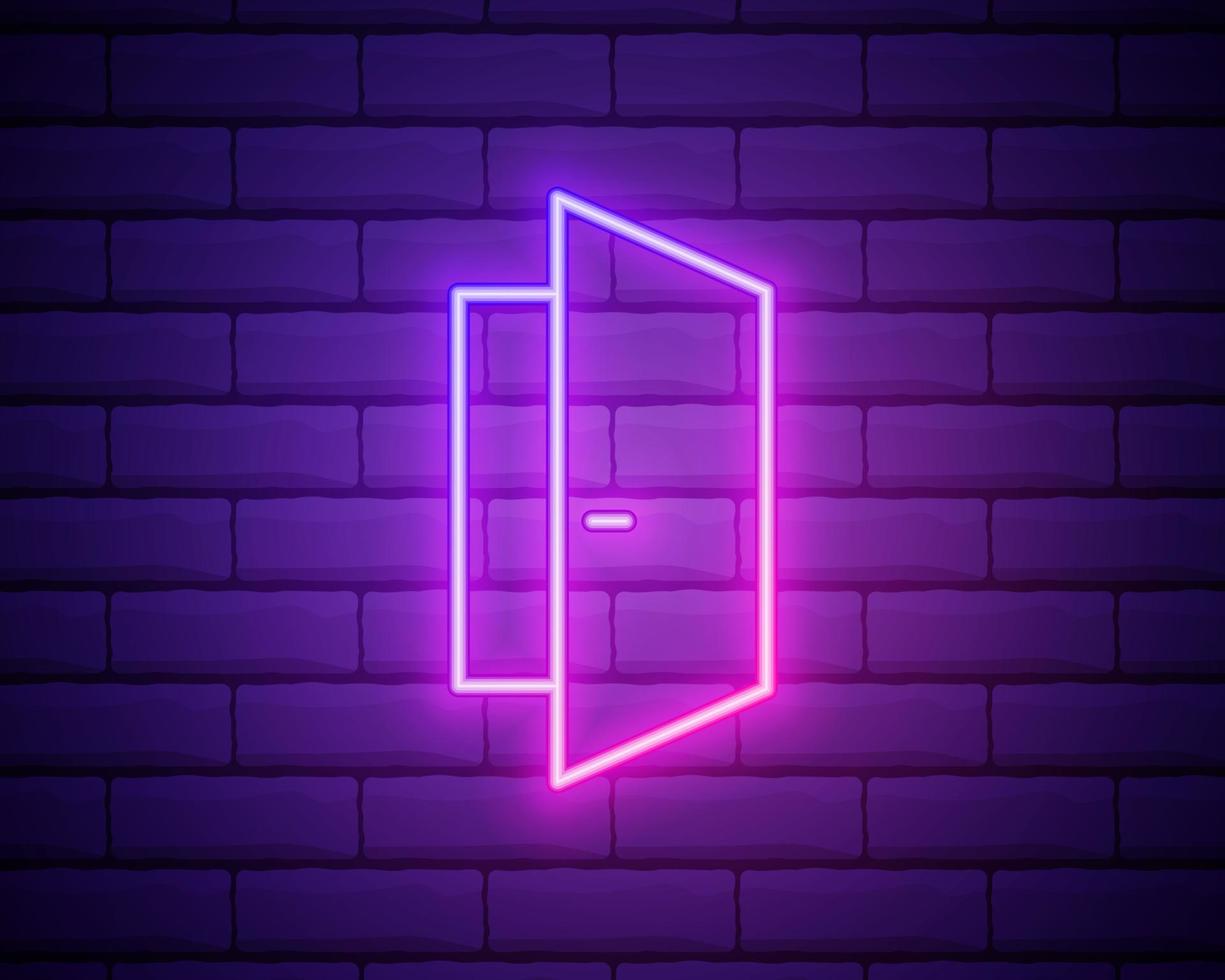 Open door icon neon. Exit. Door frame icon. Entrance symbol. Door way pictogram. Vector EPS 10. Isolated on brick wall background