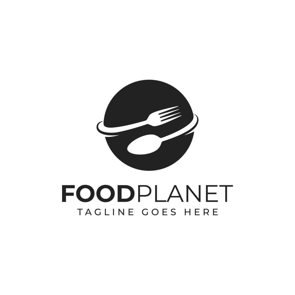 plato de comida cuchara tenedor planeta logo icono vector diseño