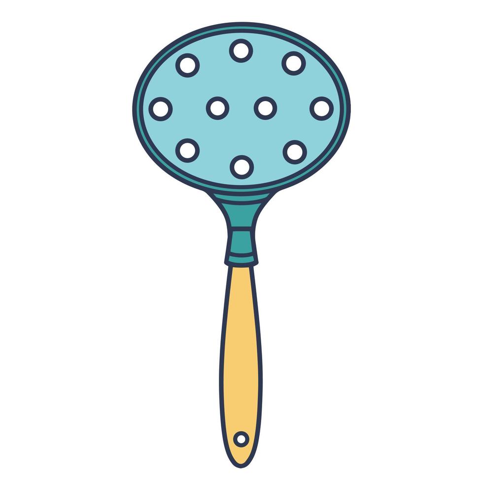 icono de vector de skimmer. ilustración de color dibujada a mano aislada sobre fondo blanco. Cuchara ranurada de cocina con mango, agujeros pequeños. cubiertos para cocinar alimentos, quitar espuma, remover. Imágenes Prediseñadas planas de dibujos animados