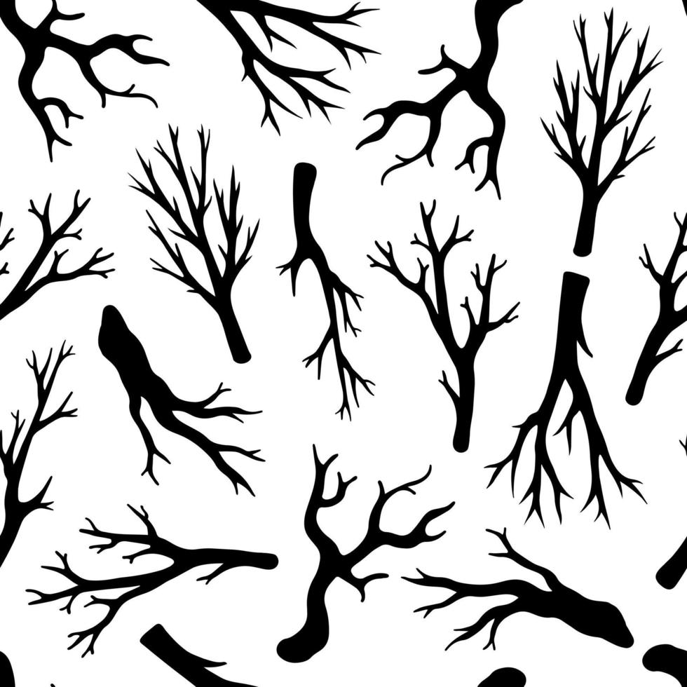 Dry leafless branches seamless vector pattern. Hand-drawn elements on a white background. Black silhouettes of bare twigs. Monochrome botanical sketch. Backdrop for decoration and design.
