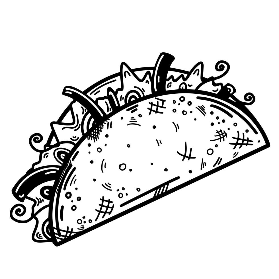 icono de vector de taco. ilustración dibujada a mano aislada sobre fondo blanco. plato tradicional mexicano. boceto de comida rápida. el contorno del relleno de carne en una tortilla caliente. elemento monocromático.