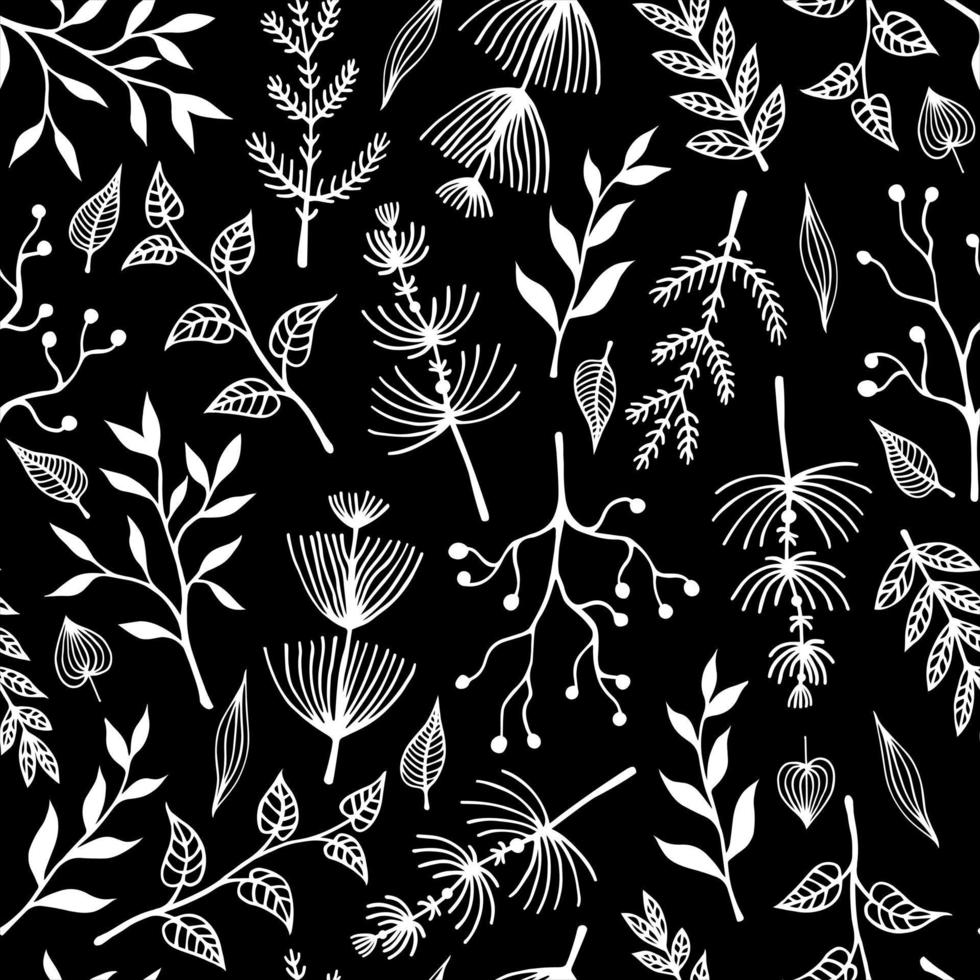 Flowers, branches, wild herbs vector seamless pattern. White botanical elements on a black background. Hand-drawn doodles. Silhouettes of plants with leaves, inflorescences, berries.