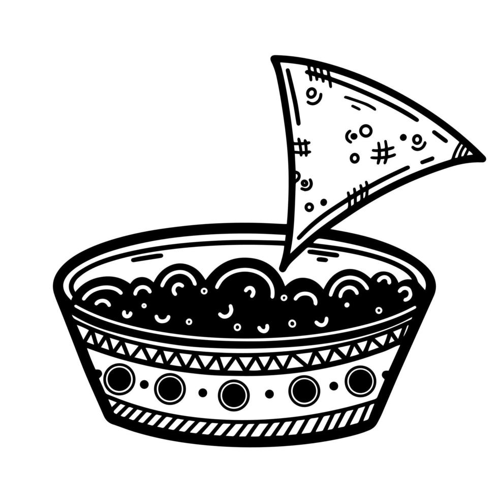 Nachos with sauce vector icon. Hand-drawn illustration isolated on white background. Traditional Mexican appetizer. Fast food sketch. Monochrome engraving. Chips are dipped in a saucepan.