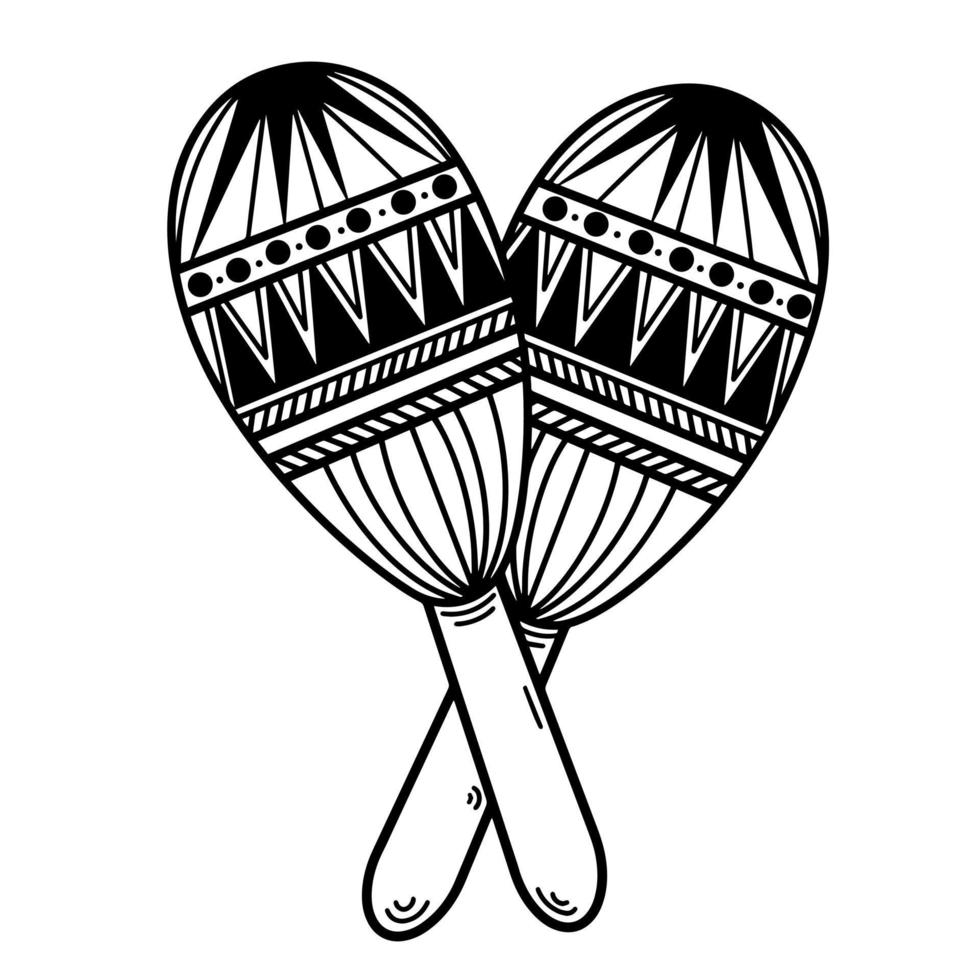 Maracas vector icon. Hand-drawn illustration isolated on white background. A sketch of a musical instrument. Wooden shaker, Mexican music. Two crossed maracas with a pattern. Monochrome.