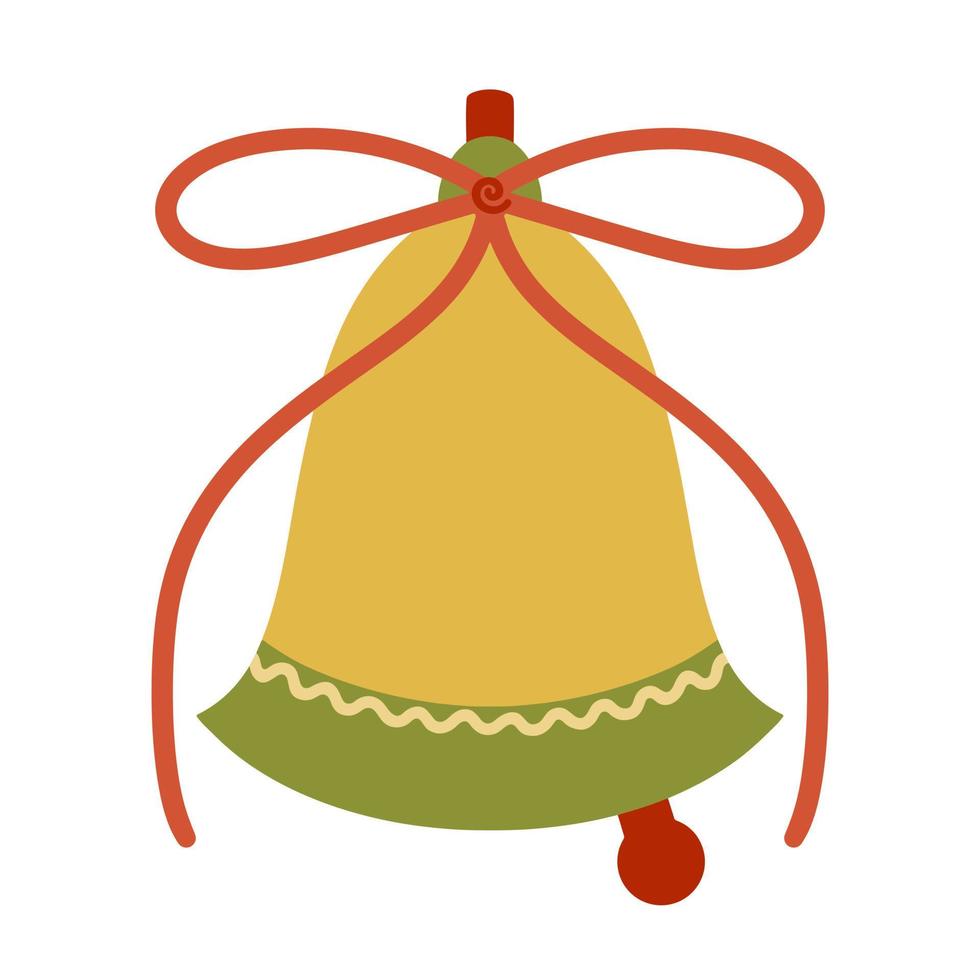 Gold bell vector icon. Hand-drawn simple illustration isolated on white background. Festive element with a red bow. Christmas ringing bell with tongue, handle. Flat style, new year concept. Primitive.