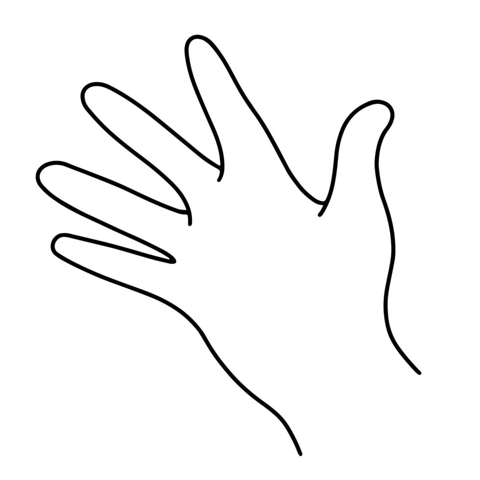 Right hand vector icon. Hand drawn illustration isolated on white background. Raised human hand with an open palm, a gesture of greeting, stop, attention. Simple monochrome sketch, doodle