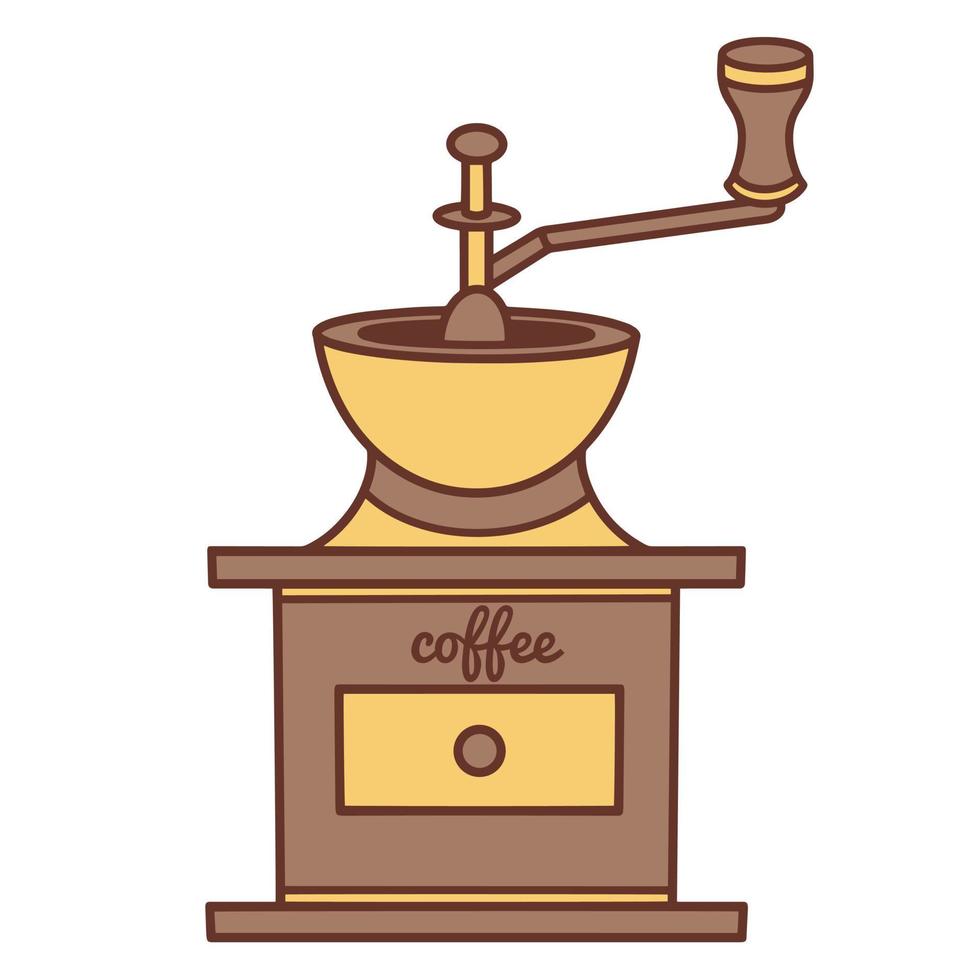 icono de vector de molinillo de café manual antiguo. ilustración de color dibujada a mano aislada sobre fondo blanco. herramienta de cocina para moler granos de café. utensilio de metal con mango de madera. Imágenes Prediseñadas planas de dibujos animados