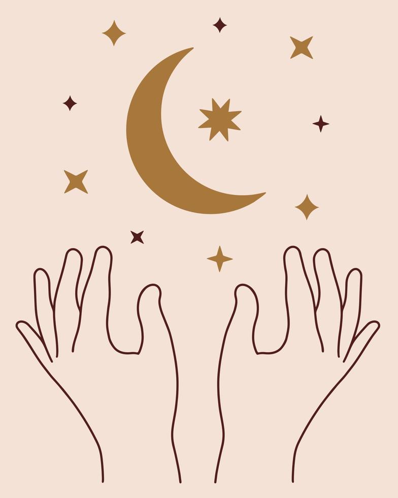 la luna y las estrellas vuelan sobre dos manos femeninas. icono vectorial símbolo de astrología, astronomía, magia, espacio. creación de la media luna y los planetas. signo boho, clipart para decoración, diseño de cosméticos, web vector