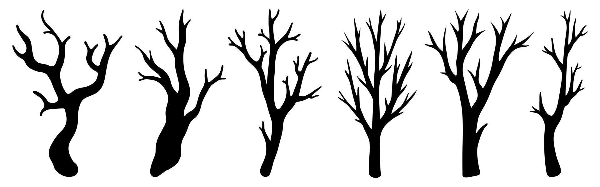Dry leafless branches vector set. Hand-drawn illustration isolated on white background. Silhouettes of bare twigs. Collection of botanical sketches. Natural monochrome elements.