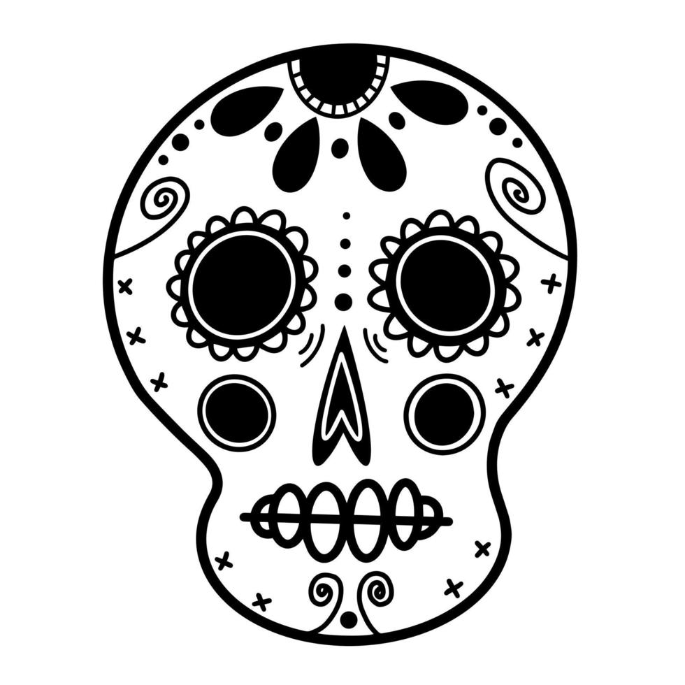 White sugar skull vector icon. Hand-drawn illustration isolated on white background. Festive mask for the day of the dead. A sketch of a painted face. Skeleton outline. Head with monochrome patterns.