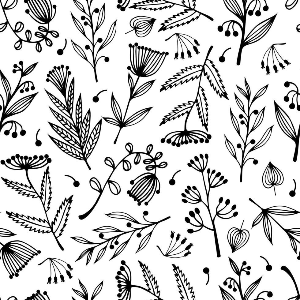 Wild flowers and field herbs seamless vector pattern. Hand-drawn elements on a white background. Plants with inflorescences, round berries. Twigs with leaves, seeds. Monochrome botanical backdrop.