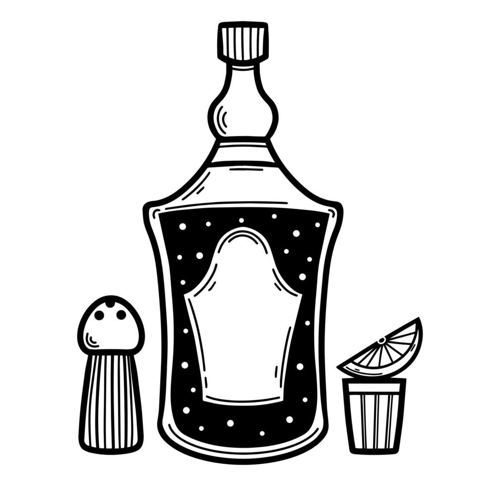 botella de tequila, vaso con bebida, juego de vectores de sal. ilustración dibujada a mano aislada sobre fondo blanco. cóctel alcohólico de agave, chupito con una rodaja de lima. boceto de bebidas. grabado de bebidas mexicanas.