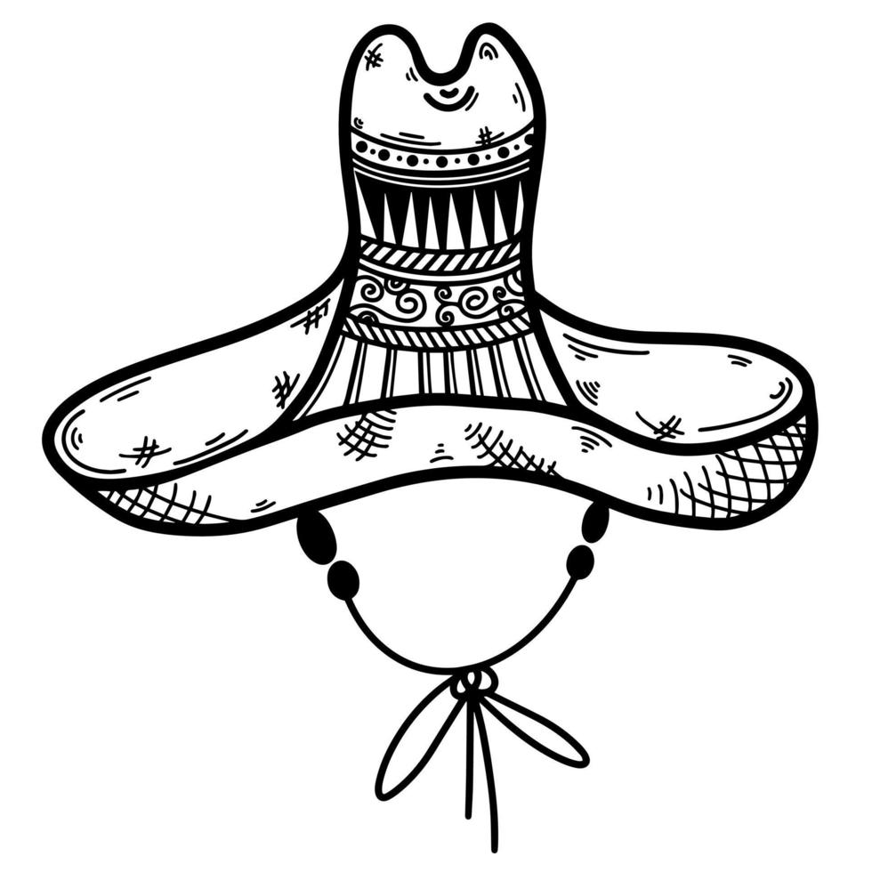 icono de vector de sombrero. ilustración dibujada a mano aislada sobre fondo blanco. sombrero tradicional mexicano. boceto de tocado étnico. sombrero de paja estampado. la tapa está en cuerdas. monocromo.