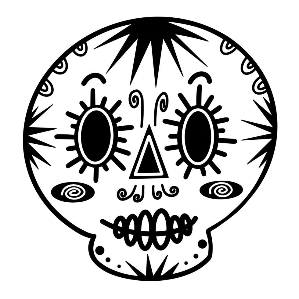 White sugar skull vector icon. Hand-drawn illustration isolated on white background. Bone with a monochrome pattern. Festive mask for the Mexican Day of the Dead. Human head outline.
