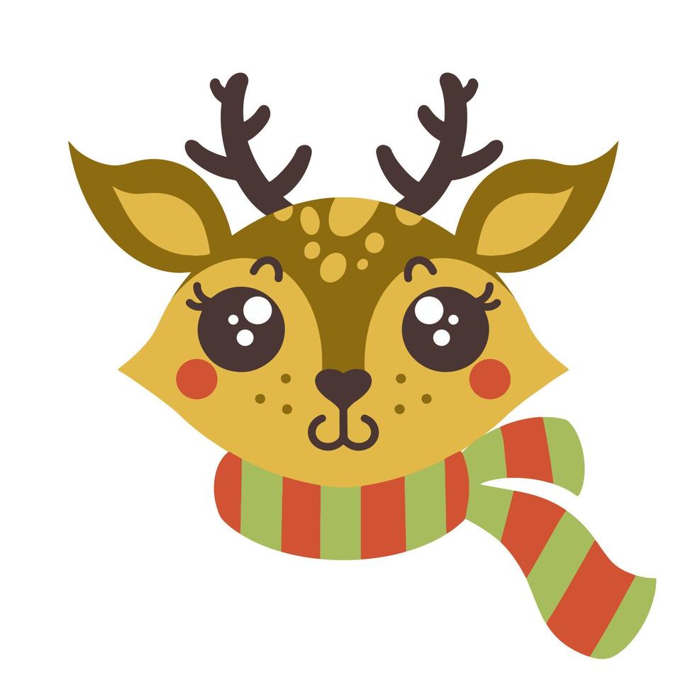 Cute cartoon reindeer vector icon. Hand-drawn illustration isolated on white background. Christmas deer in a striped scarf. A beautiful spotted animal smiles. Flat style, new year element.