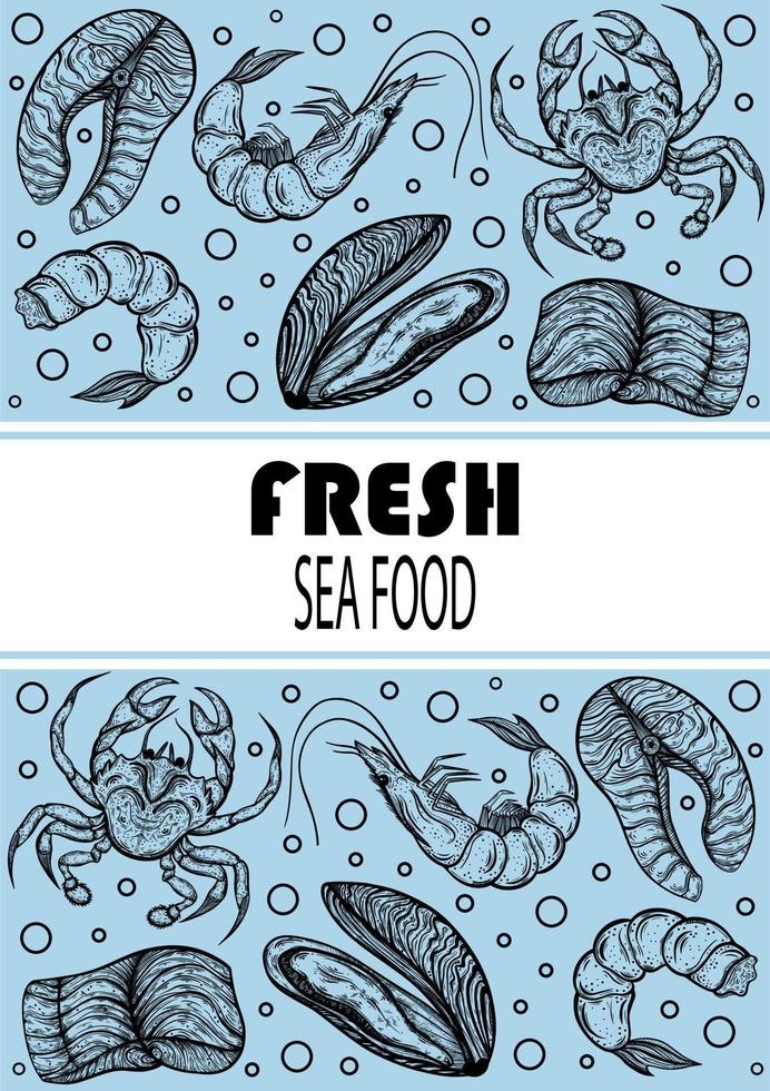 Fresh seafood delicacy vector template. Hand-drawn illustrations. Engraving of crab, oysters, shrimps, salmon pieces. Sketch of sea animals on a blue background. Blank for the menu, advertising.