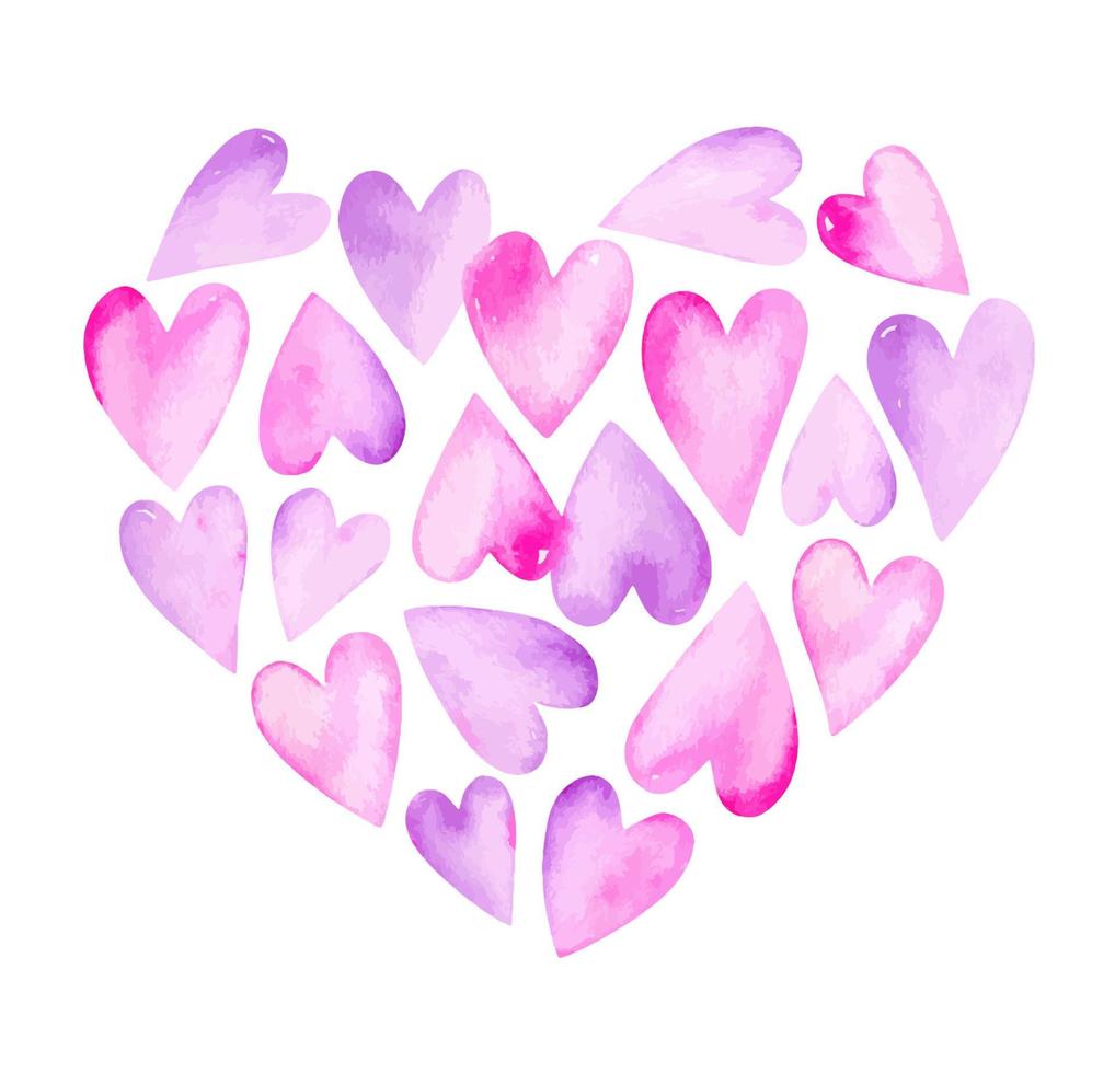 Postcard design for Valentine's Day in the form of a heart. Watercolor hearts in purple and pink colors. Festive romantic illustration. Perfect for greeting cards, invitations, covers, prints, decor. vector