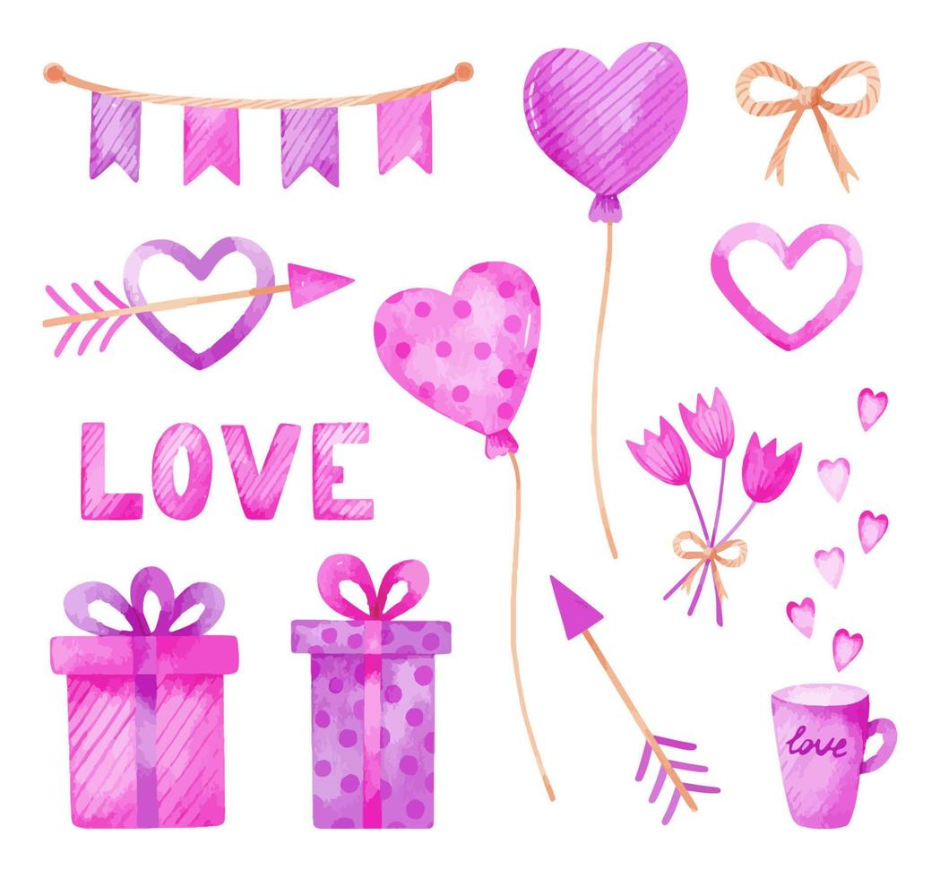 Valentine's day watercolor set with pink and purple balloons, gifts, garland, flowers, arrows and hearts. Festive romantic design. Perfect for your project, greeting cards, covers, stickers, decor. vector