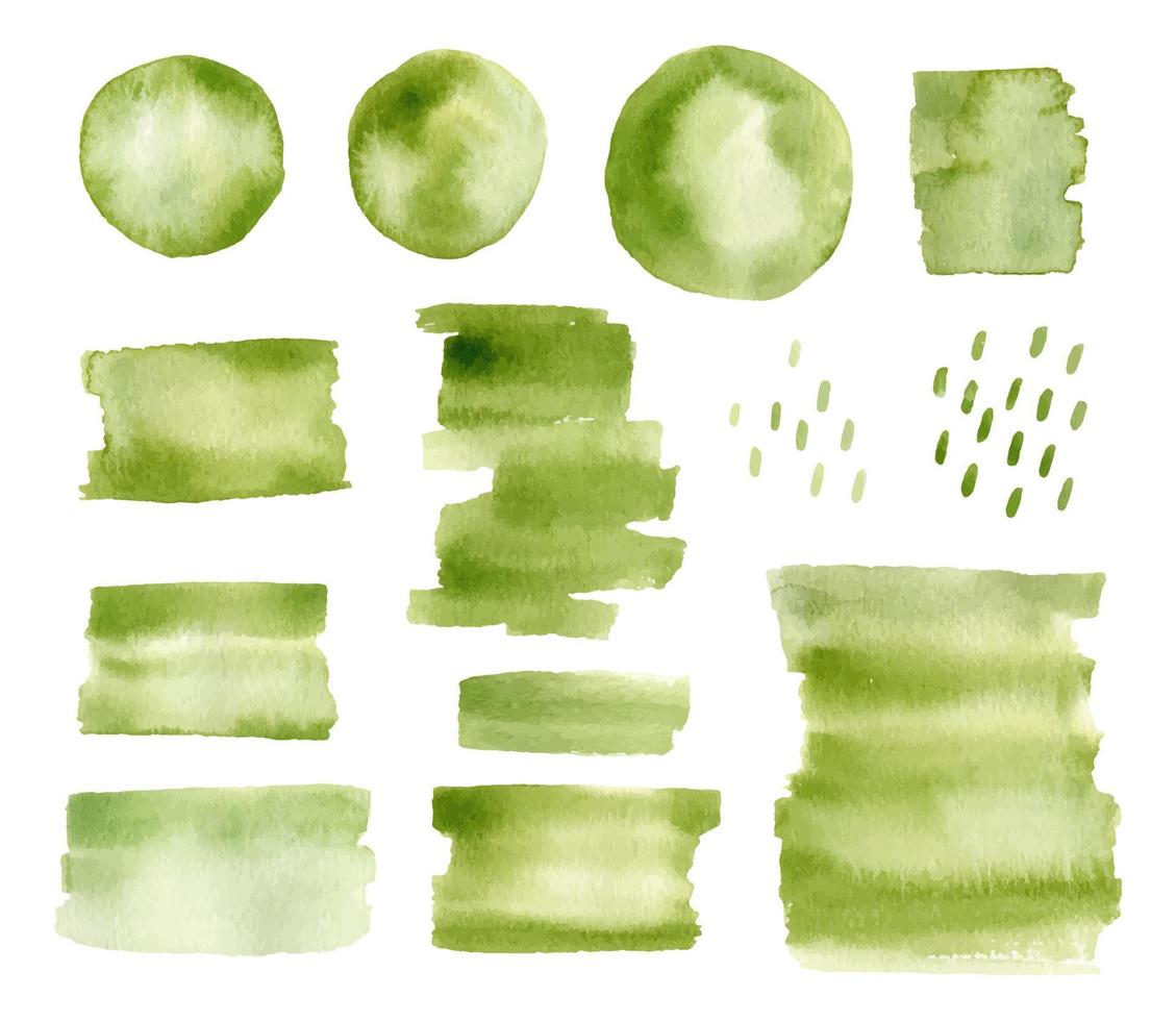 Set of abstract watercolor stains and brushstrokes of green color isolated on white background. Round and rectangular paint spots. Perfect for decorations, cards, various designs. vector