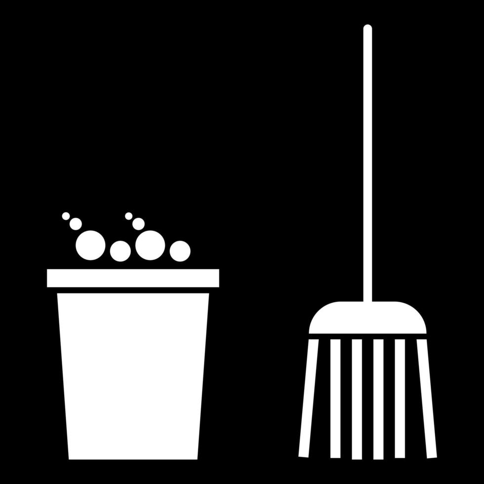 Bucket and broom icon white color vector illustration image flat style