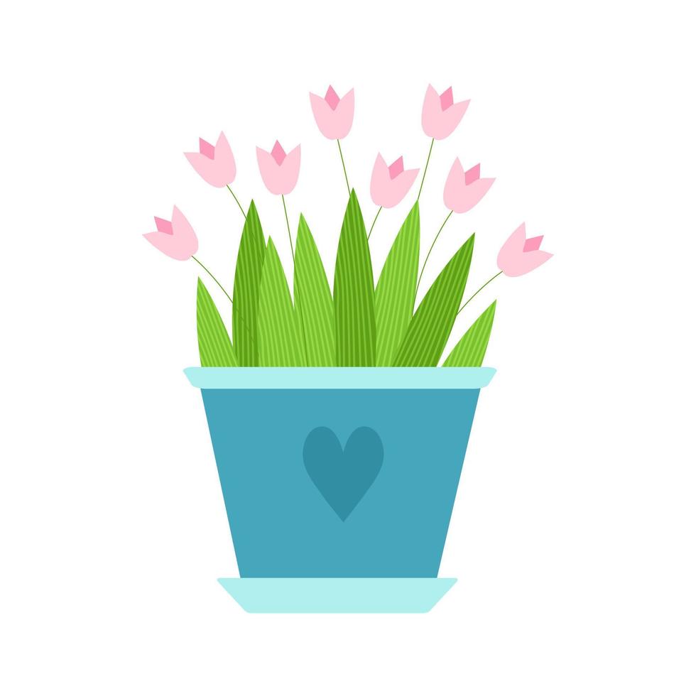 solated image tulips in a flower pot. For the design of postcards, notebook covers, stickers, children's illustrations. Vector illustration, cartoon style