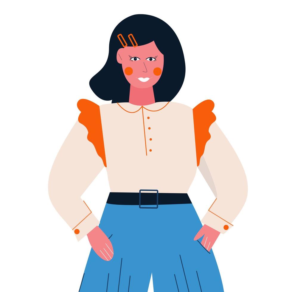 isolated image of a brunette in a white shirt and blue trousers. The girl is standing full face, hands in pockets. Vector illustration