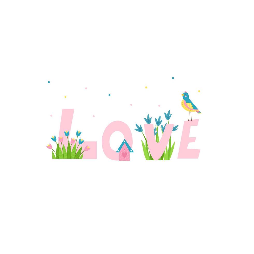 Letras de amor en estilo aplique. las letras están decoradas con ramos de tulipanes, jacintos, un arcoíris y un pájaro. impresión en camisetas, postales, embalajes. ilustración vectorial de bebé vector