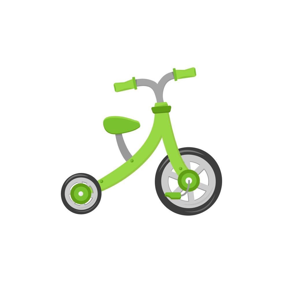 green tricycle kids bicycle isolated image on white background. Design of children's books, advertising of children's bikes, training courses to ride. Vector illustration