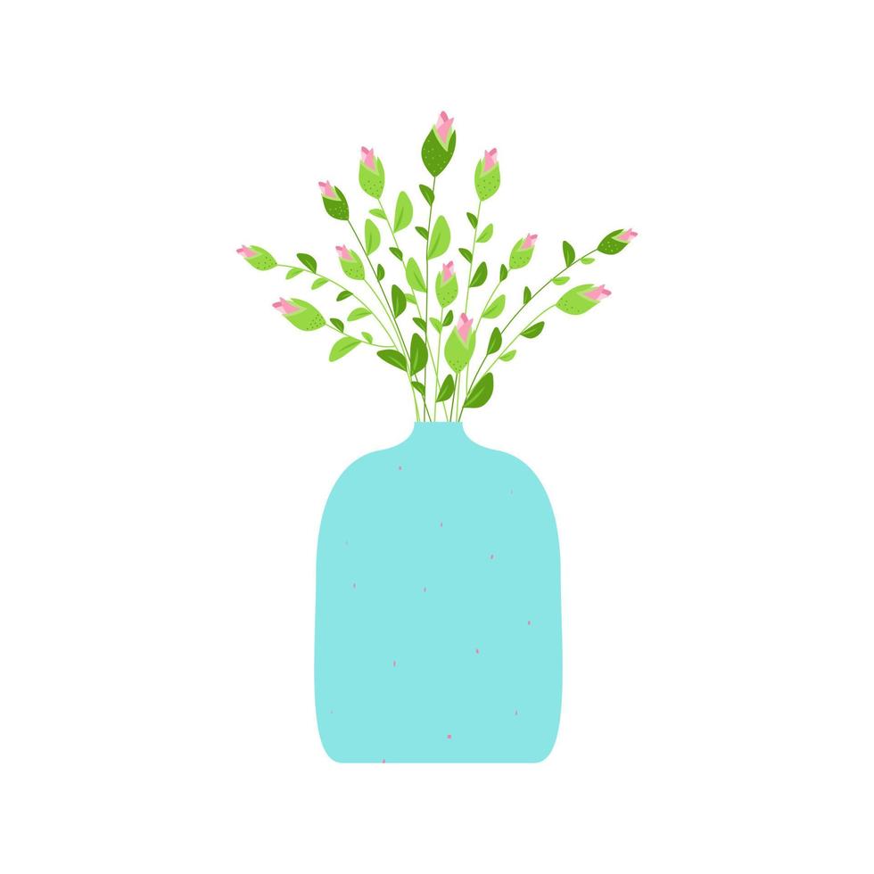 ramo de rosas sin soplar en un jarrón azul. imagen aislada minimalista para el diseño de postales, listas de correo, estampados de ropa. ilustración vectorial estilo dibujado a mano vector