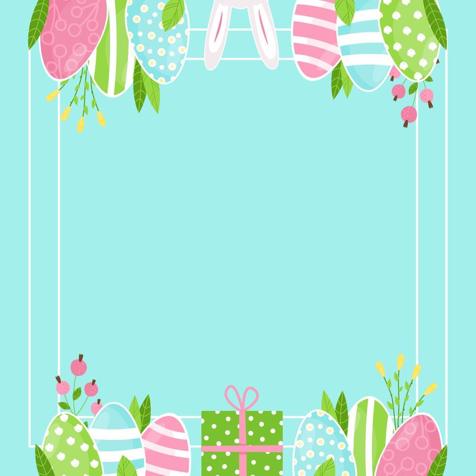 Easter frame for cards, invitations, posters, greeting letters. Easter eggs, rabbit ears, gift box, leaves, berries. Vector illustration