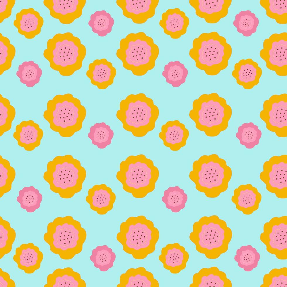 cute seamless pattern with stylized flowers of different sizes on a blue background. Pattern for printing on fabric, paper, textiles, decor. Vector illustration