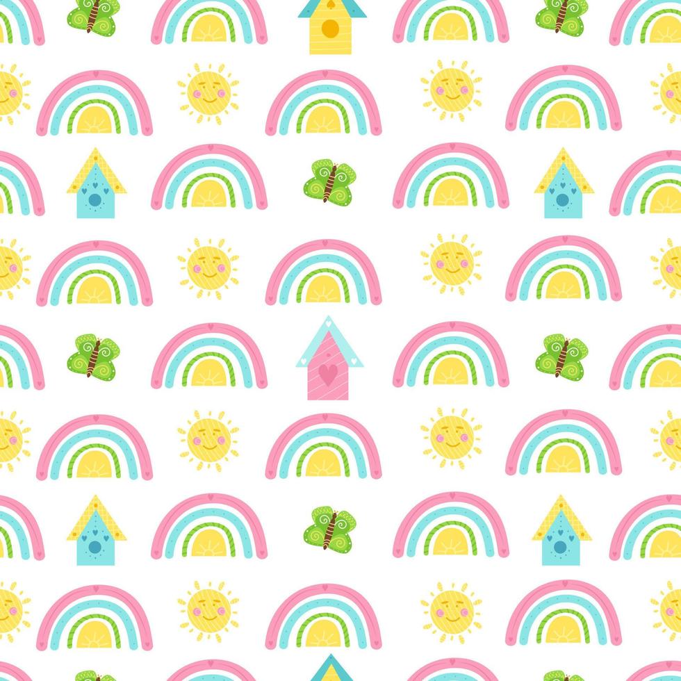 childish seamless pattern with rainbows, birdhouses, suns and butterflies. Cute vector illustration