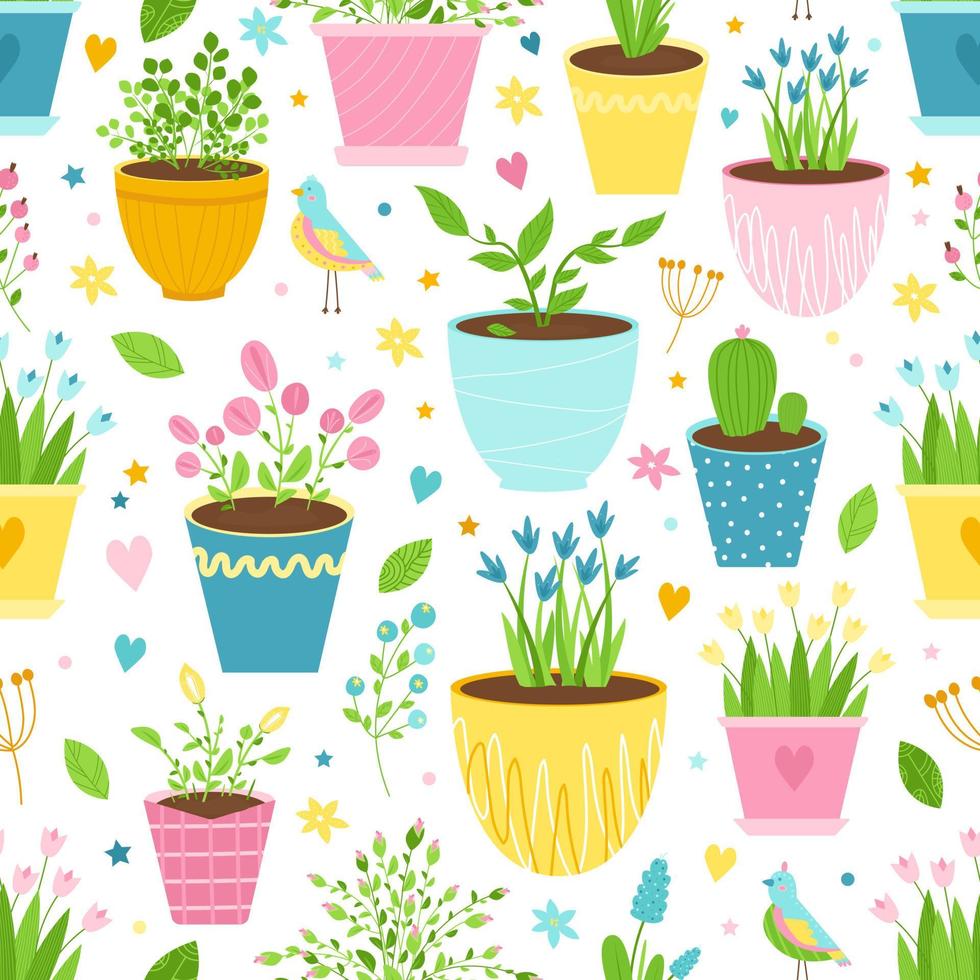 Seamless pattern with flowers in pots, birds, berries and leaves. Cute print for curtains, kitchen towels, wrappers, papers. Vector illustration