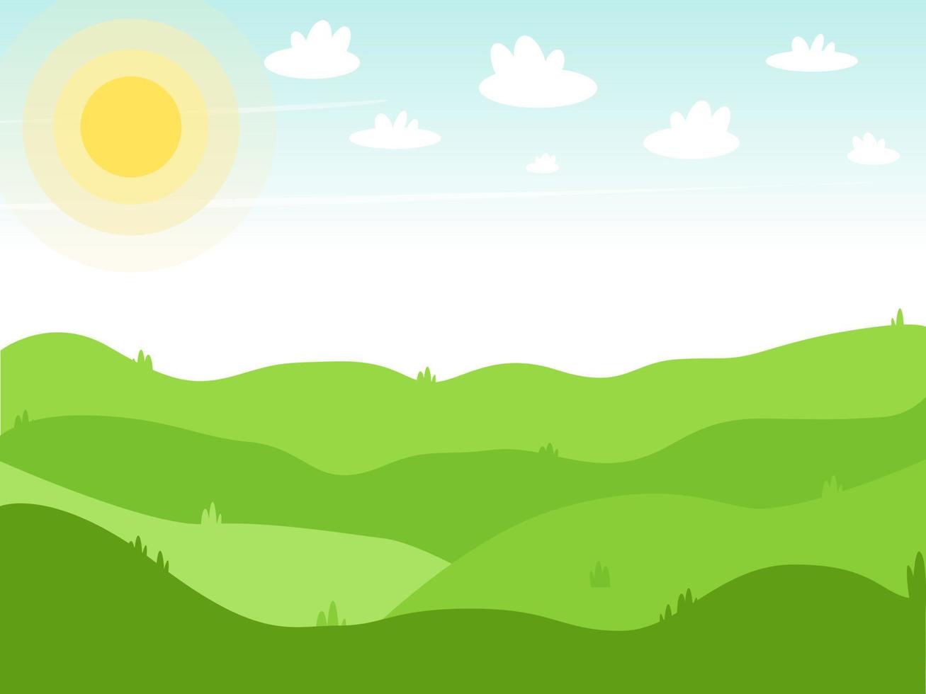 Bright background spring or summer landscape. Clouds run over the green lawn and the sun is shining brightly. Vector illustration. Flat