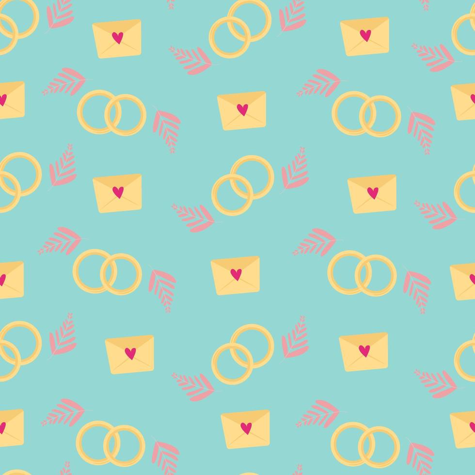 Seamless pattern on a love theme. On a blue background, a love message with a heart, abstract petals and wedding rings. Design for wrapping paper, fabric, cards and invitations. Vector illustration
