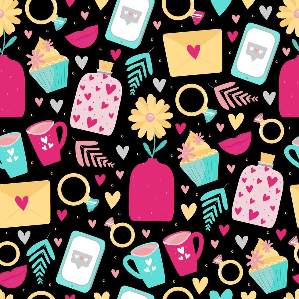 Cute seamless patterns with hearts, flowers, phone, rings, love letters. Dark background for Valentine's day or wedding. Design for textiles, wrapping paper, invitations and cards. Cute cartoon style vector