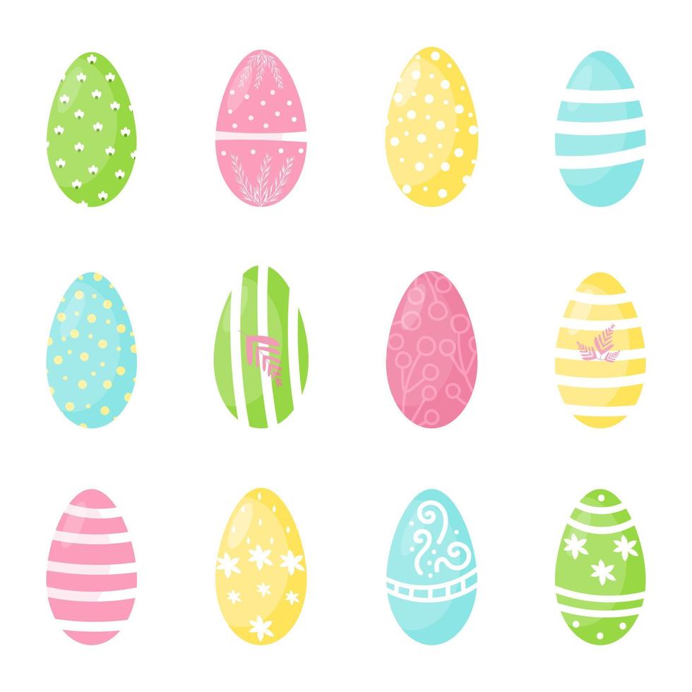 set of 12 Easter eggs isolated on white background. Multi-colored, decorated holiday eggs. Design of postcards, advertisements, stickers. Vector illustration. Flat