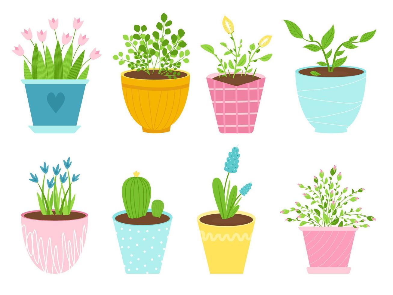 conjunto de imágenes aisladas de flores interiores en macetas de cerámica. plantas en una variedad de contenedores. ilustración vectorial vector