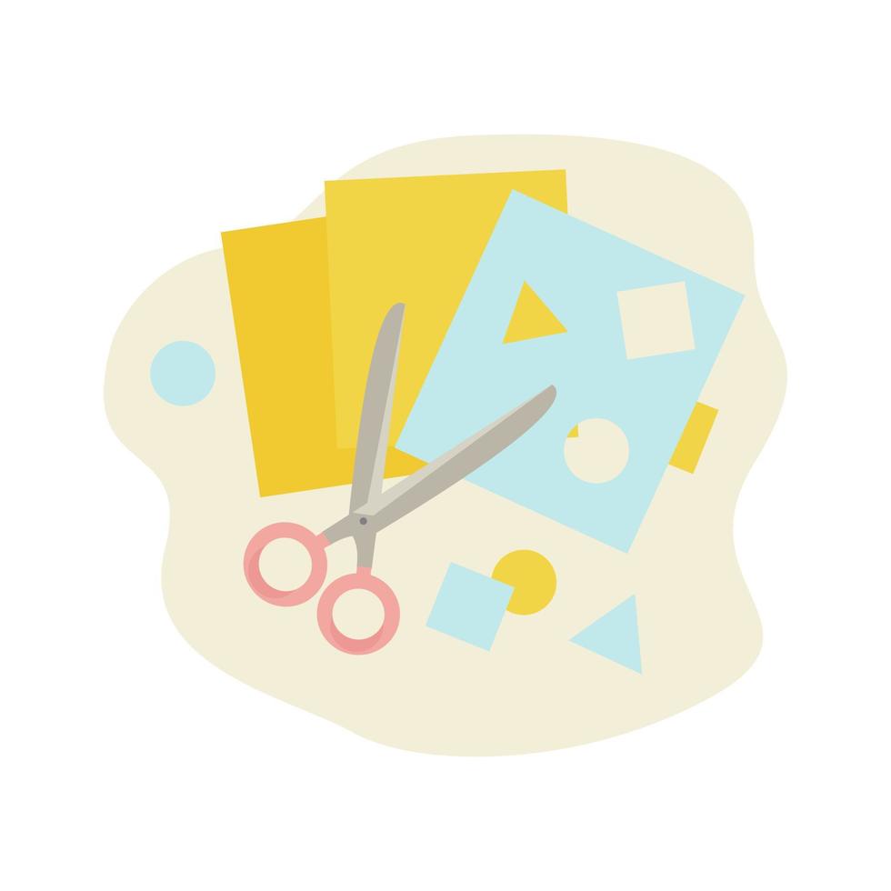 scissors cut a square, triangle, circle from colored paper of yellow and blue colors. Child development, learning, creativity, application creation. Vector illustration