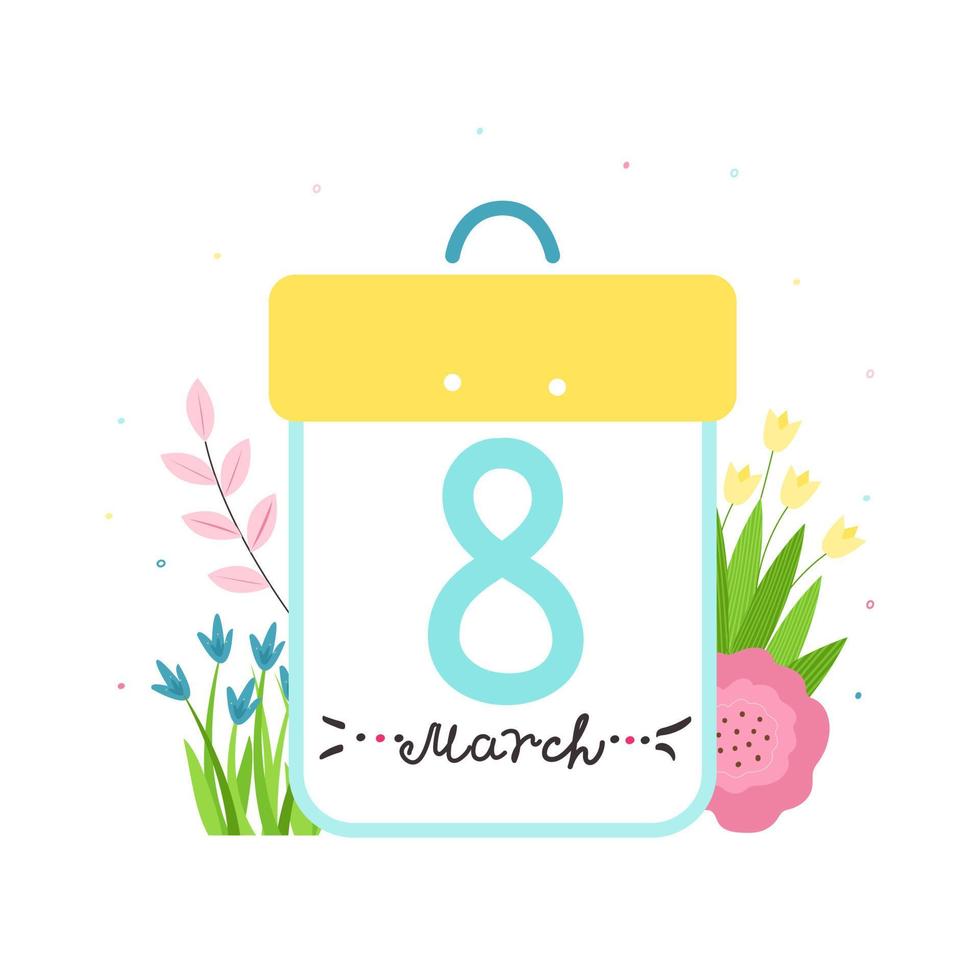 concepto de calendario del 8 de marzo. día festivo de la mujer. postal web con estilo minimalista, lista de correo, correo electrónico. paleta delicada. ilustración vectorial vector