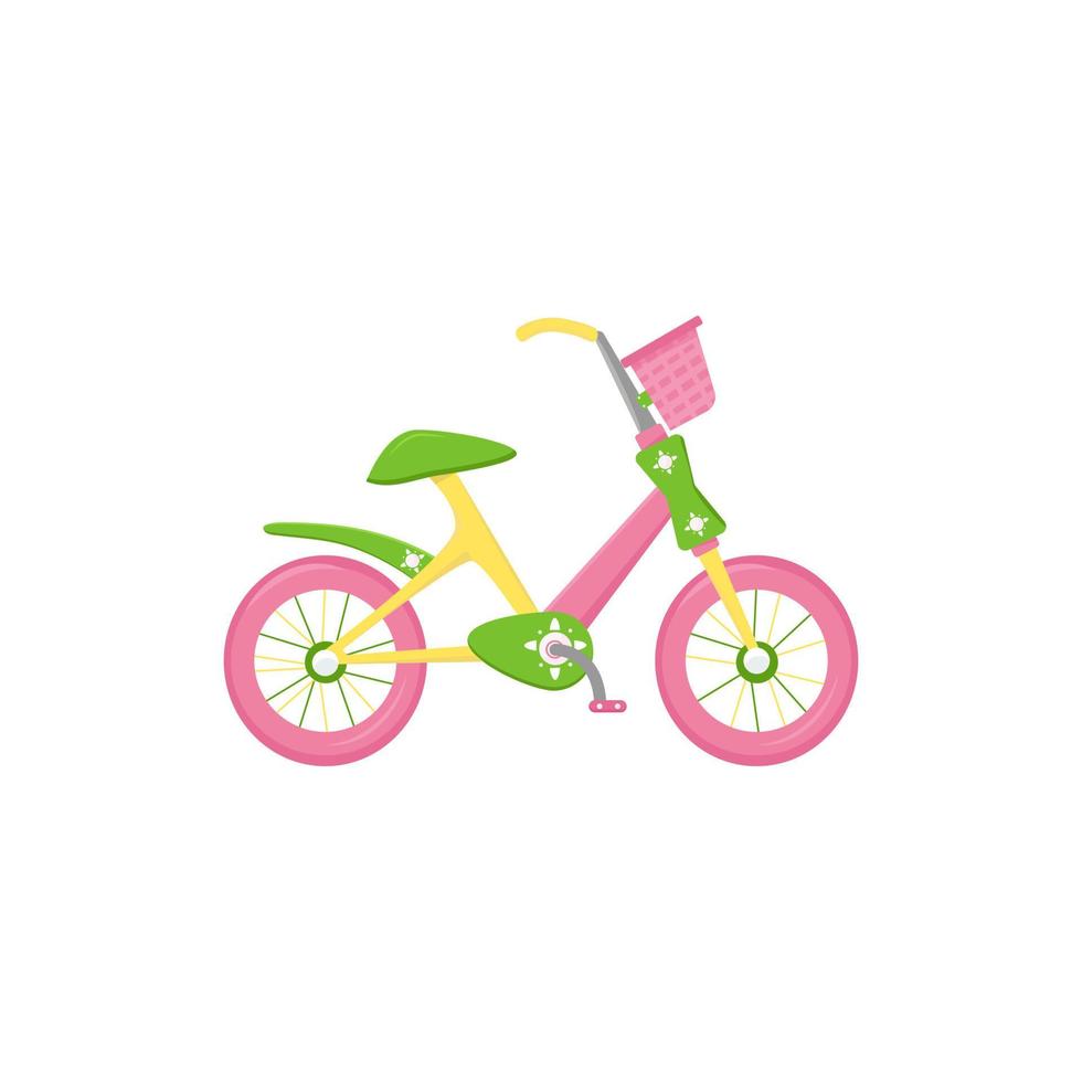 two-wheeled bicycle with a basket for a teenager. Bright colors for the girl. Isolated on a white background. Vector illustration, flat