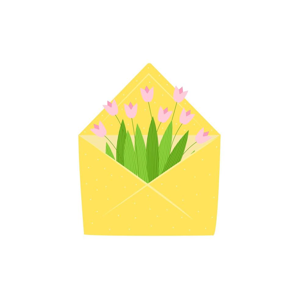 open envelope with a bouquet of pink tulips. Yellow envelope with white polka dots. Design of social media posts, stickers, cards. Spring minimalism on March 8. Vector illustration