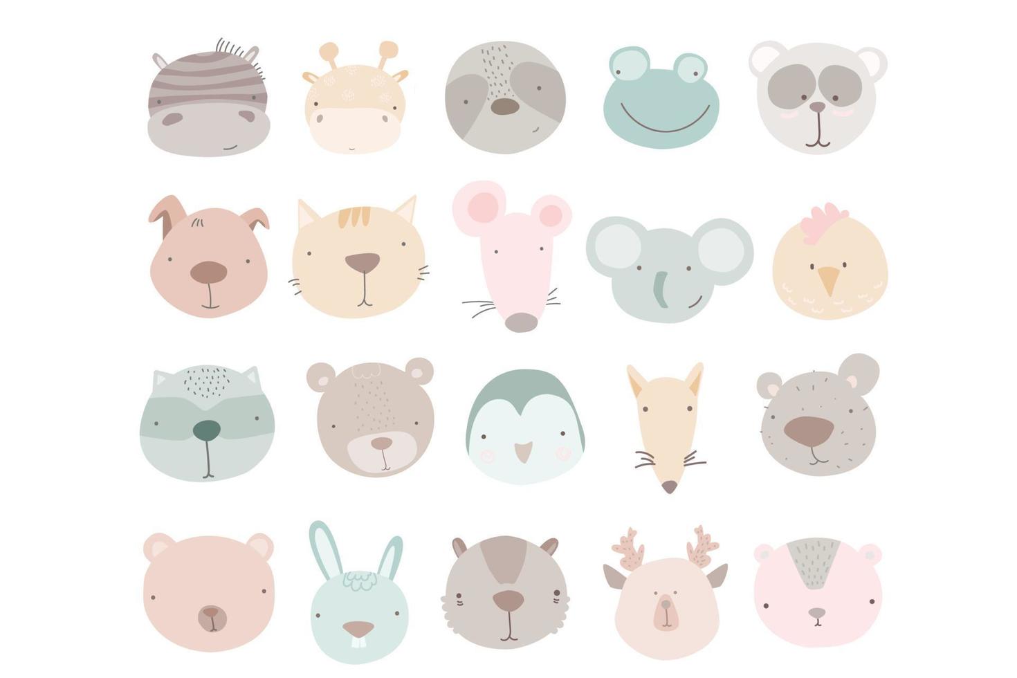 Big set of cute hand drawn animals. Set of Cute Farm, Wild,Forest Animal's Head. Kid's Collection. vector