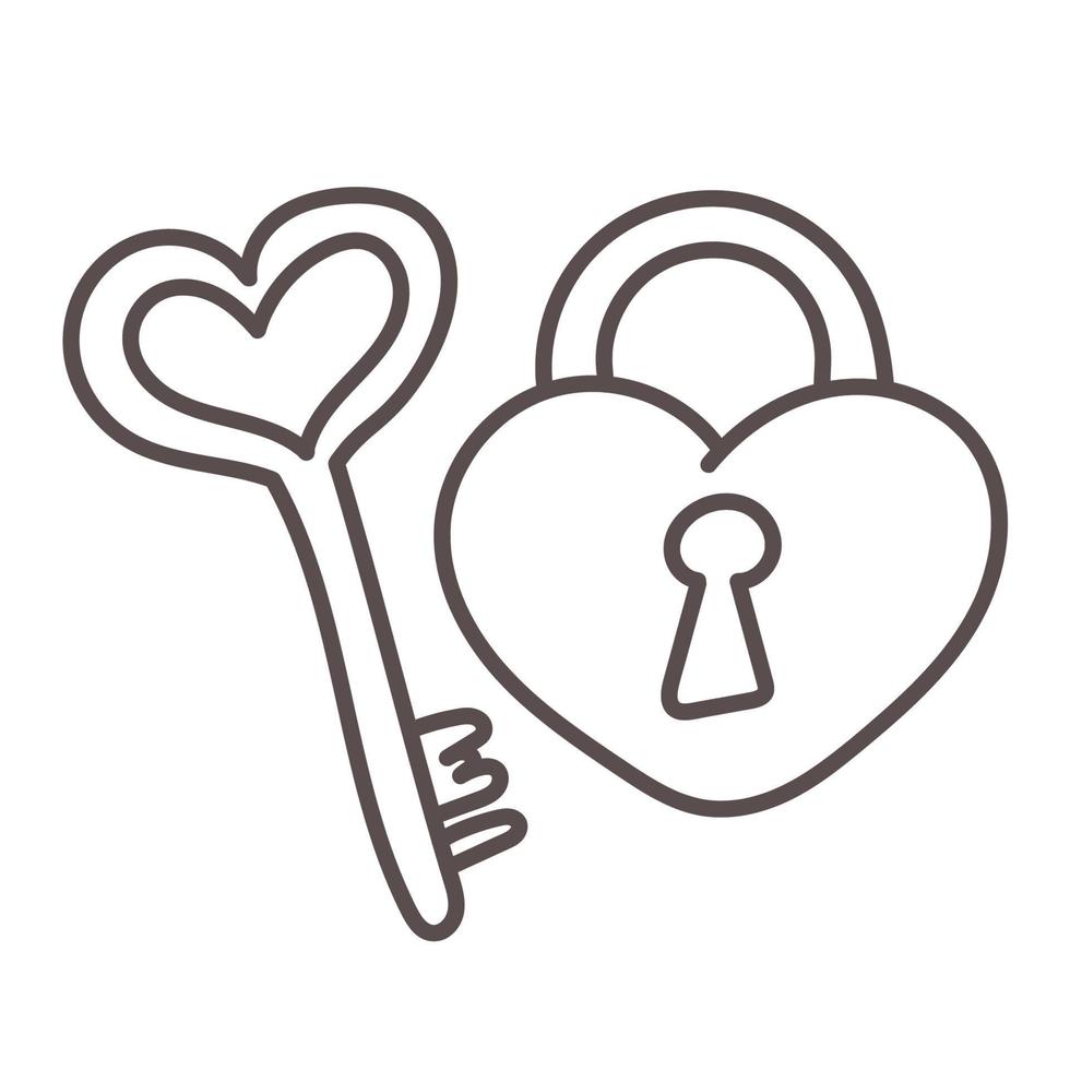 Cute key and lock. Heart shaped padlock with funny keys on a white background. Sticker, icon, design element with valentines day. vector