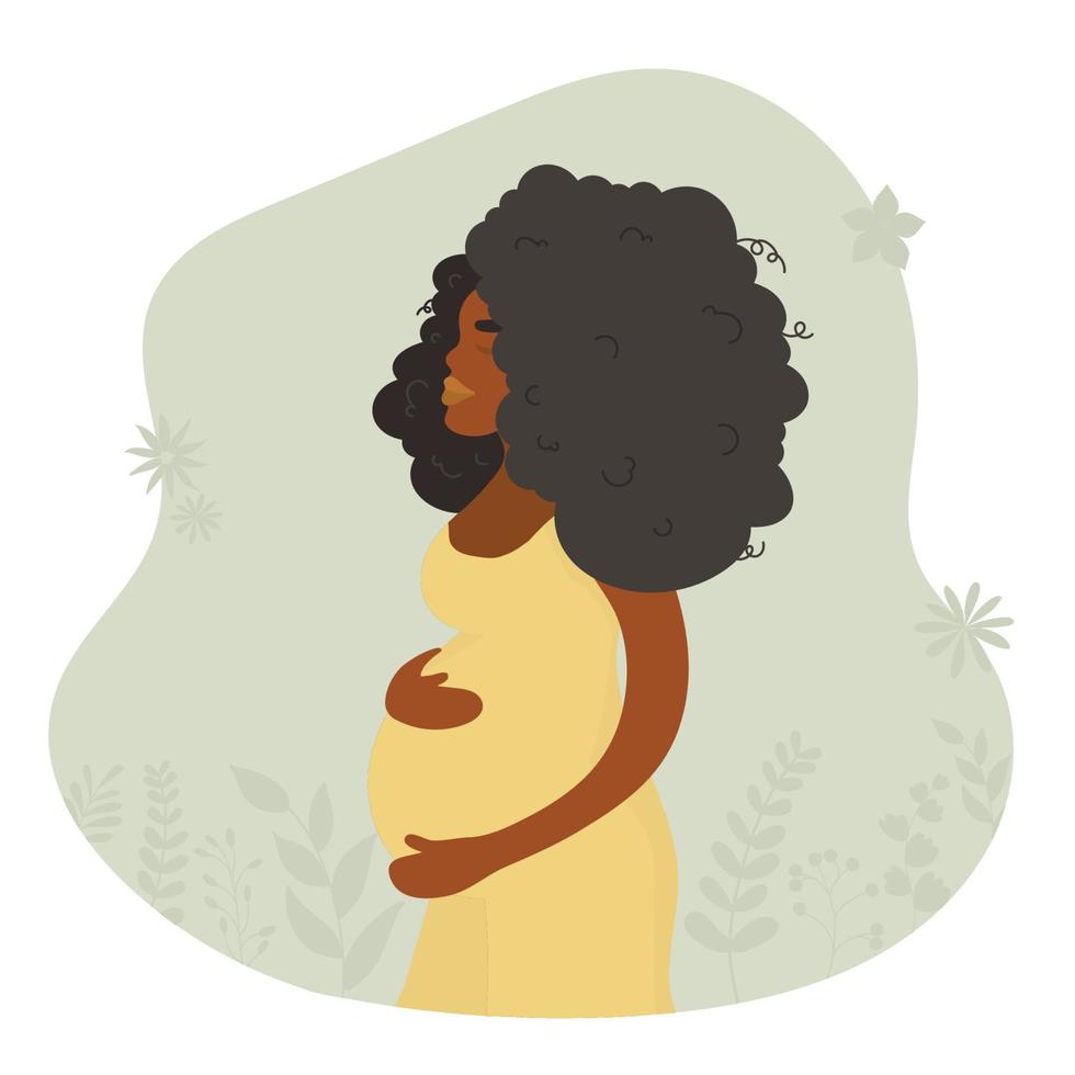 Pregnant black woman. Pregnancy, motherhood concept. Vector illustration in flat style.