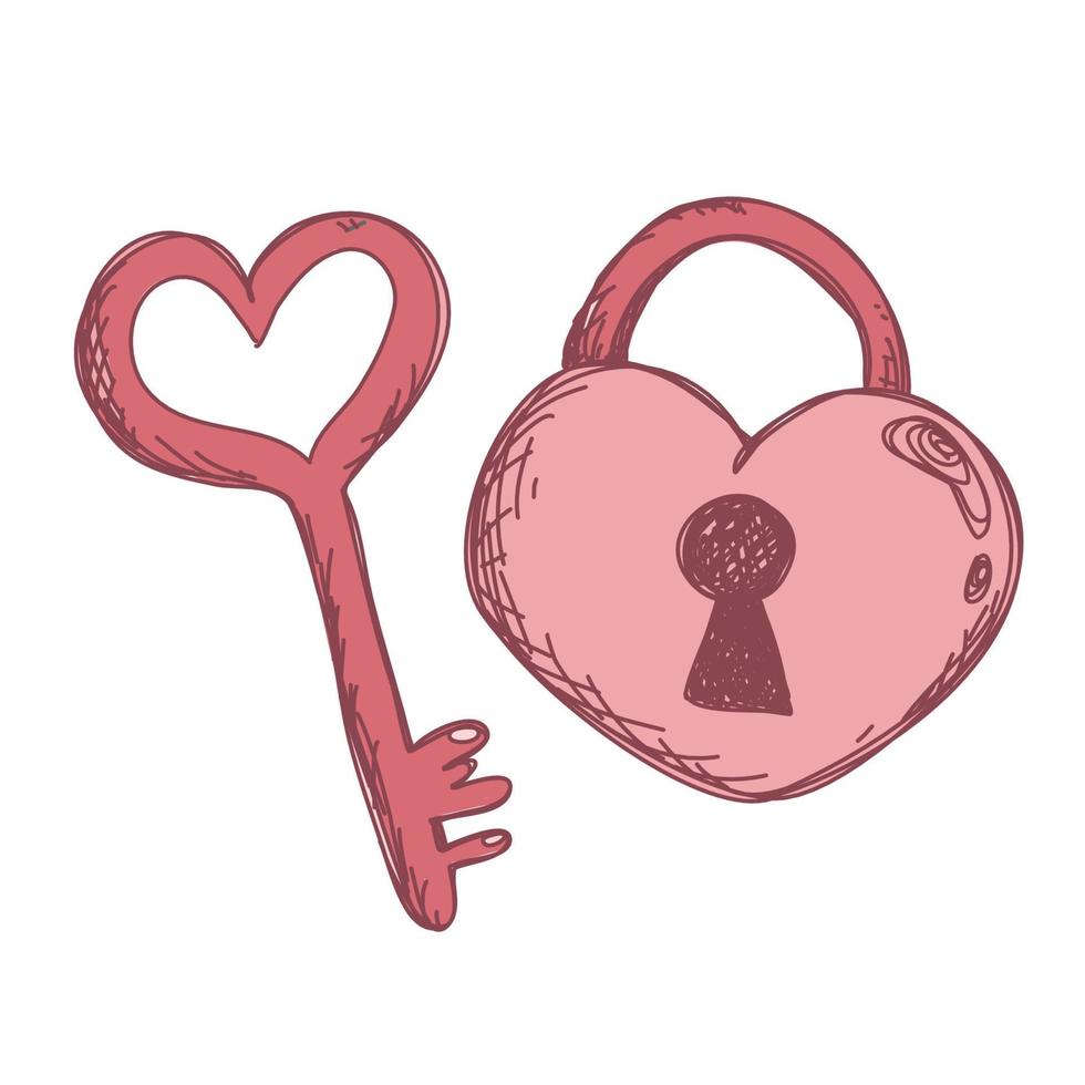 Cute key and lock. Heart shaped padlock with funny keys on a white background. Sticker, icon, design element with valentines day. vector